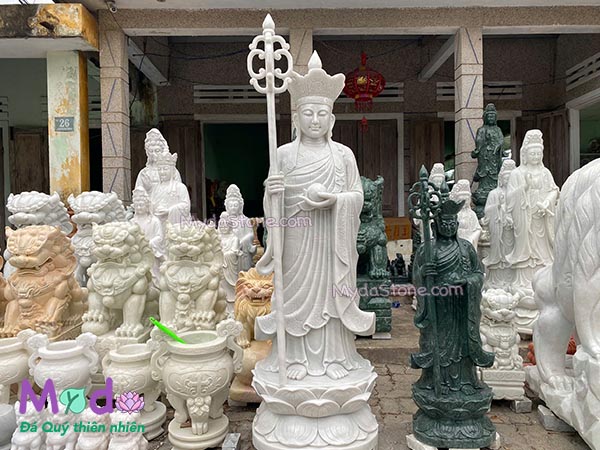 Tượng Phật Địa Tạng đứng đài sen đá Cẩm Thạch Trắng
