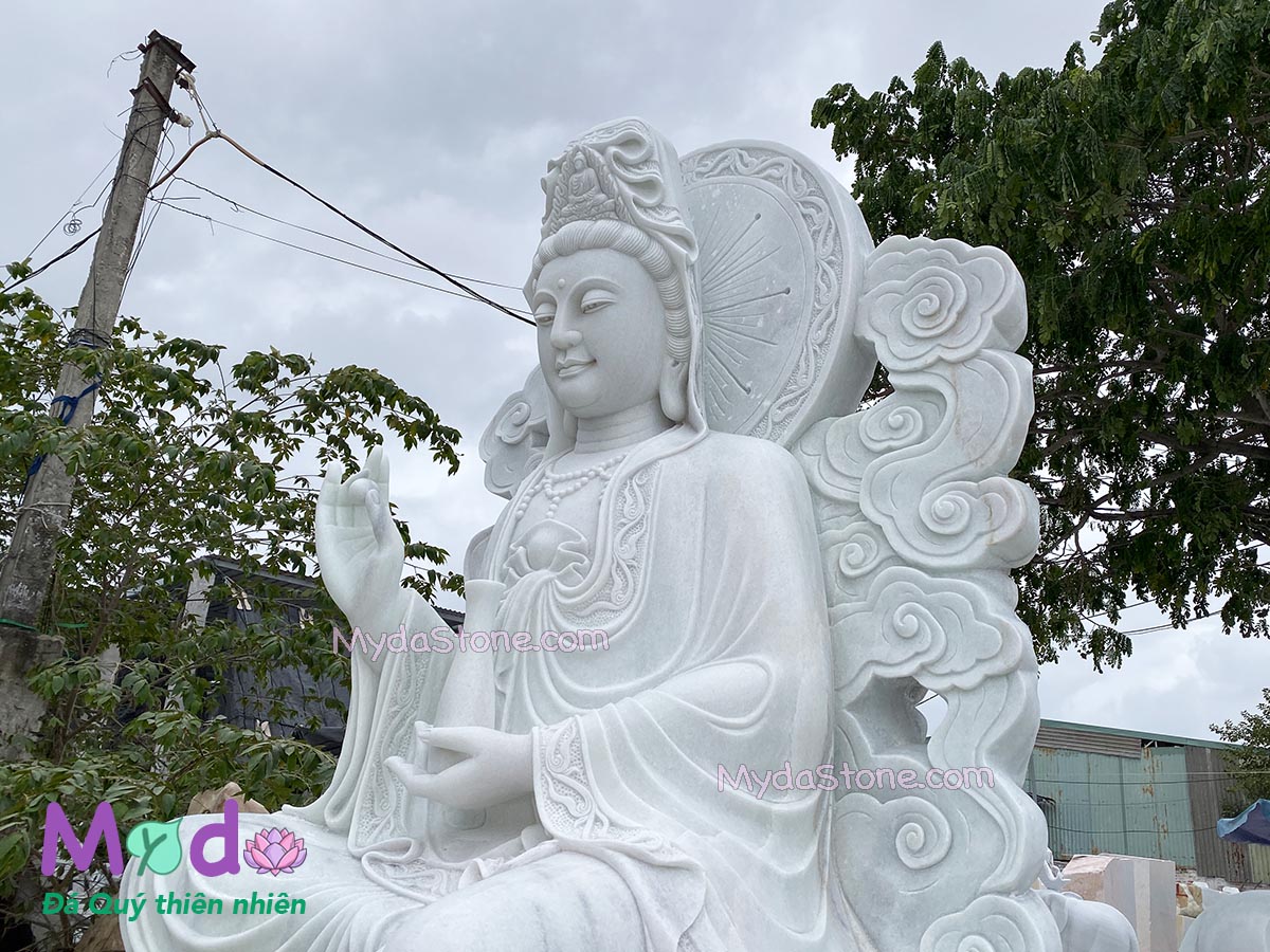 Tượng Phật Quan Âm Tự Tại đá Cẩm Thạch Trắng Xanh