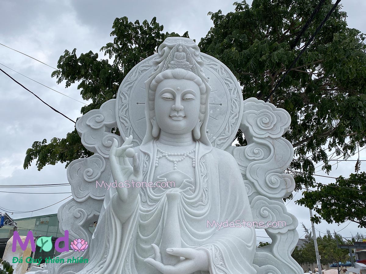 Tượng Phật Quan Âm Tự Tại đá Cẩm Thạch Trắng Xanh