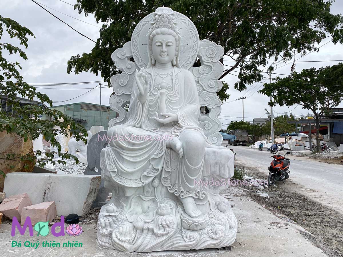 Tượng Phật Quan Âm Tự Tại đá Cẩm Thạch Trắng Xanh