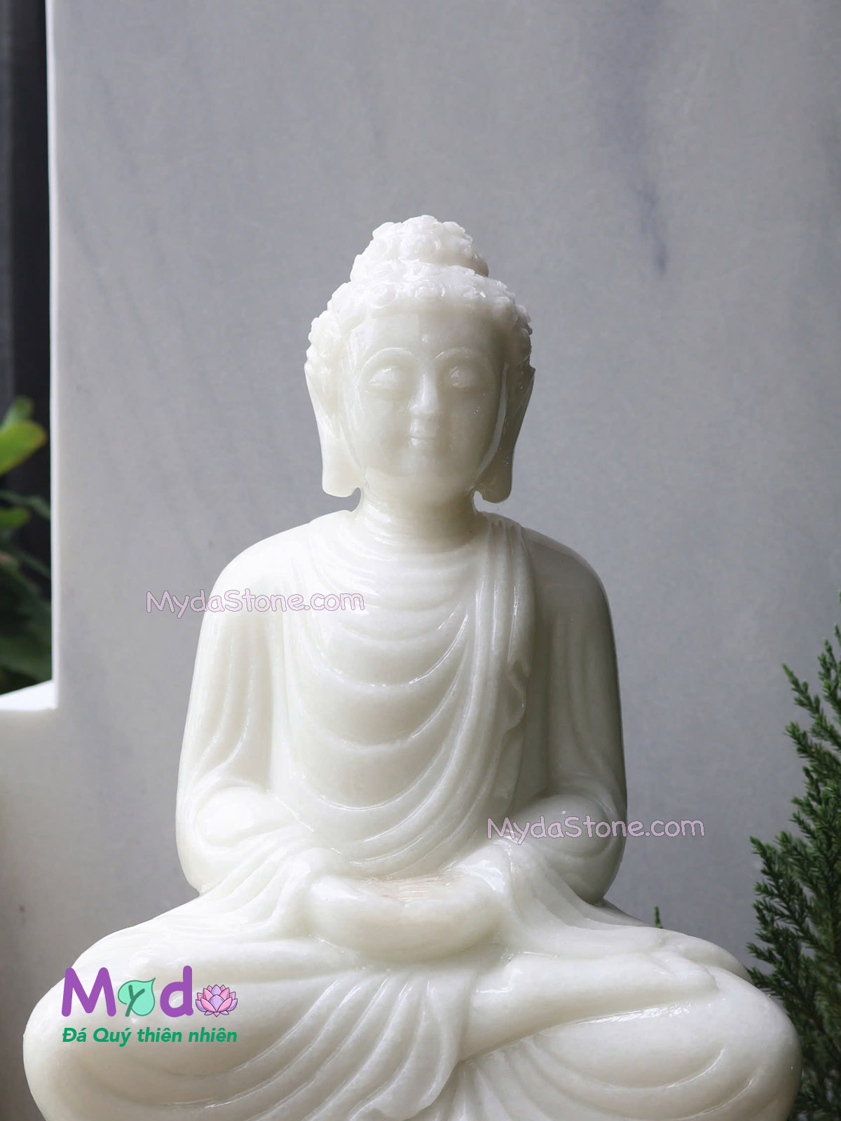 Tượng Phật Thích Ca ngồi đài sen đá Cẩm Thạch Trắng