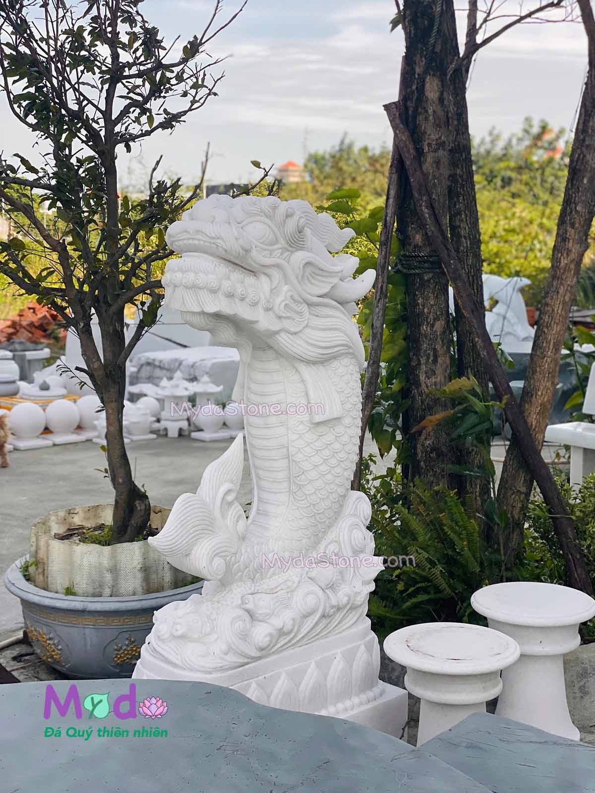 Tượng cá Chép Hoá Rồng đá Cẩm Thạch Trắng