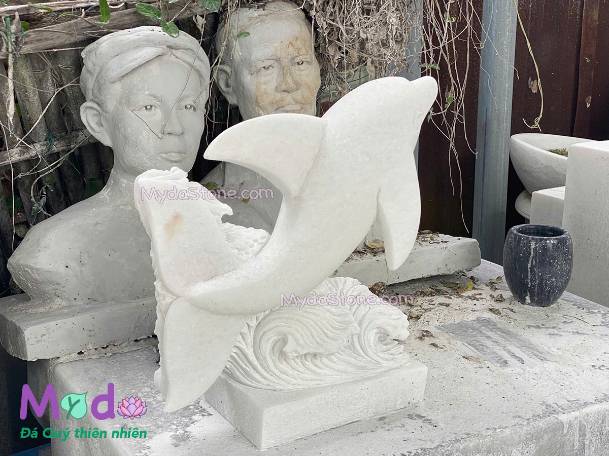 Tượng Cá Heo đá Cẩm Thạch Trắng