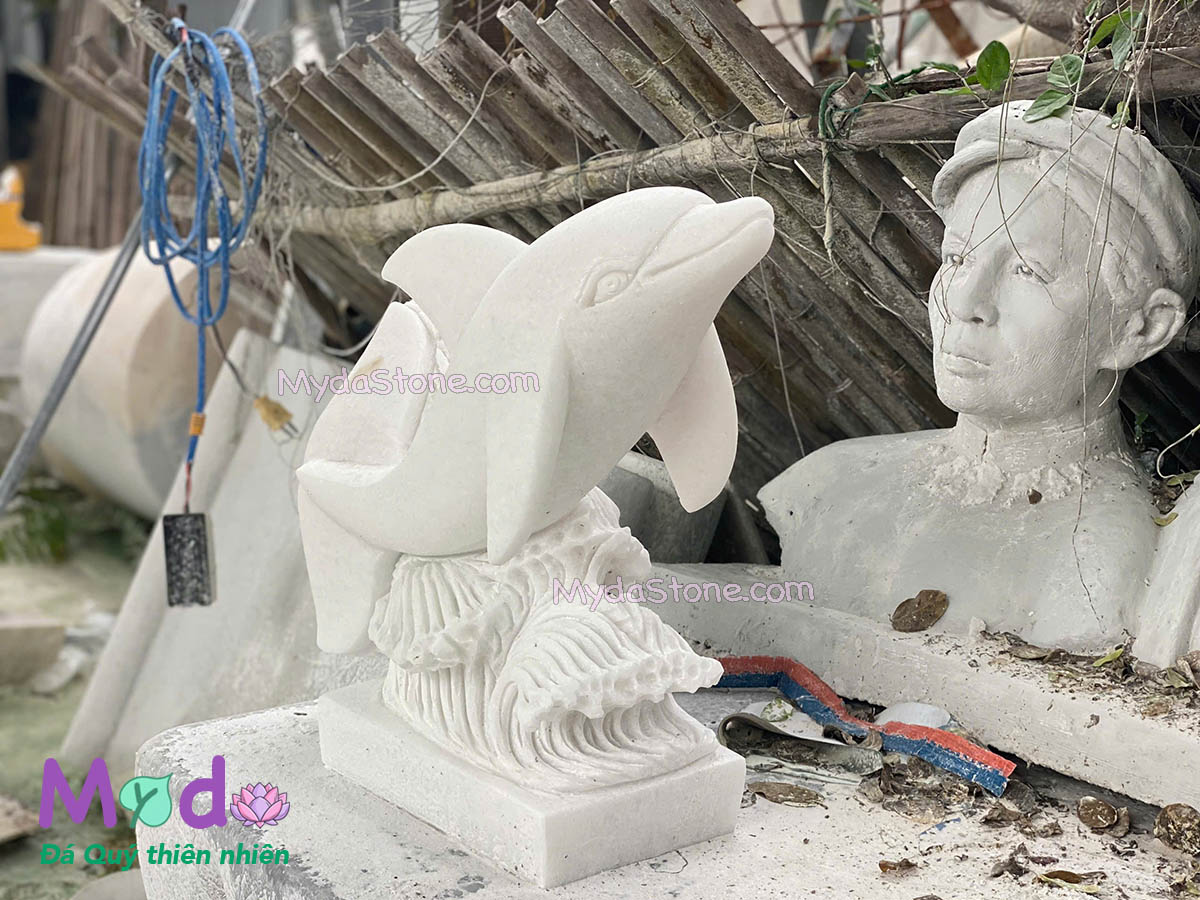 Tượng Cá Heo đá Cẩm Thạch Trắng