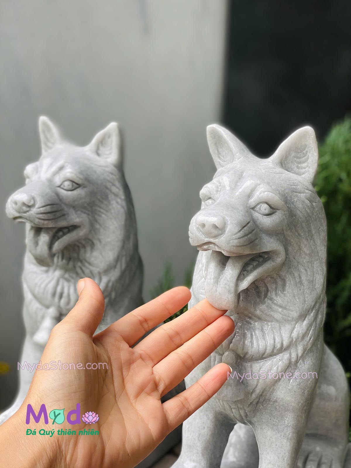 Tượng Chó đá Cẩm Thạch Trắng Xám