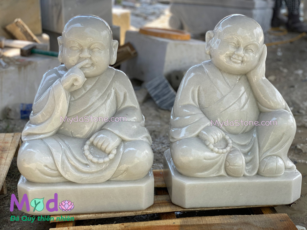 Tượng Chú Tiểu Tứ Không đá Cẩm Thạch Trắng