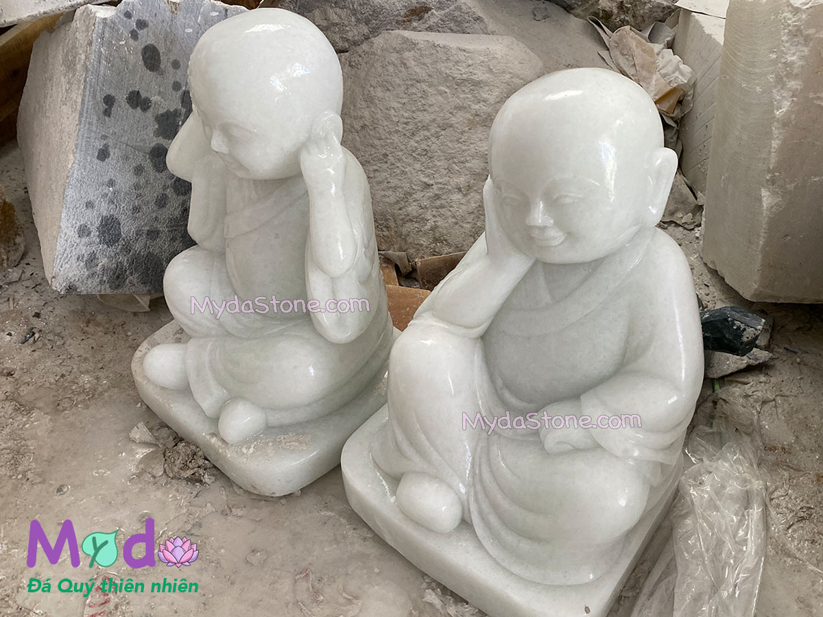 Tượng Chú Tiểu Tứ Không đá Cẩm Thạch Trắng