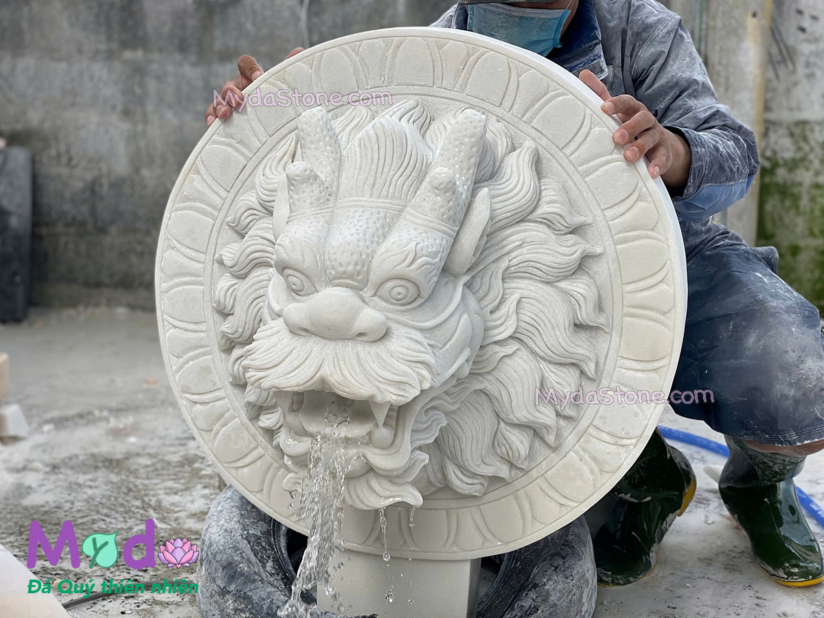 Tượng Đầu Rồng phun nước đá Cẩm Thạch Trắng