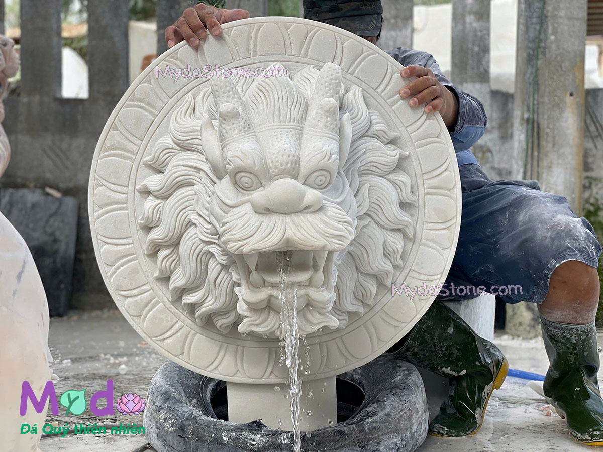 Tượng Đầu Rồng phun nước đá Cẩm Thạch Trắng