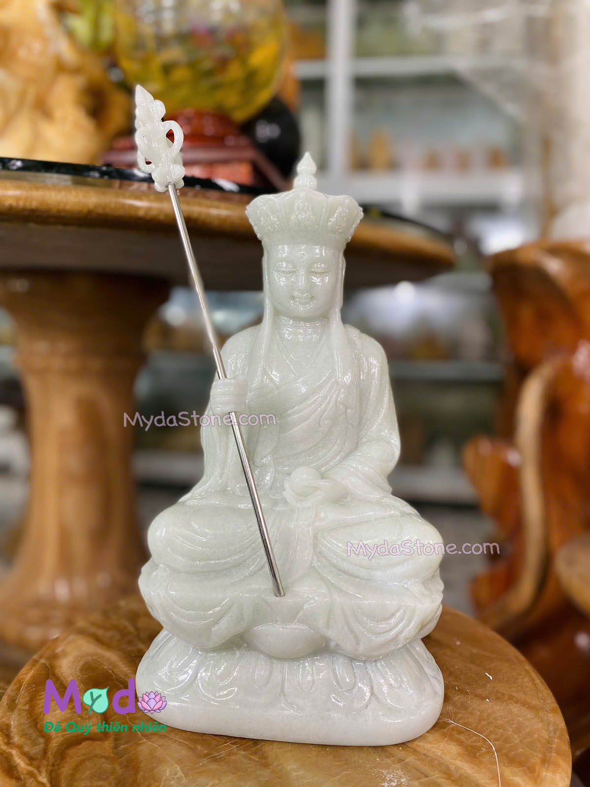 Tượng Phật Địa Tạng đá Cẩm Thạch Trắng Xanh
