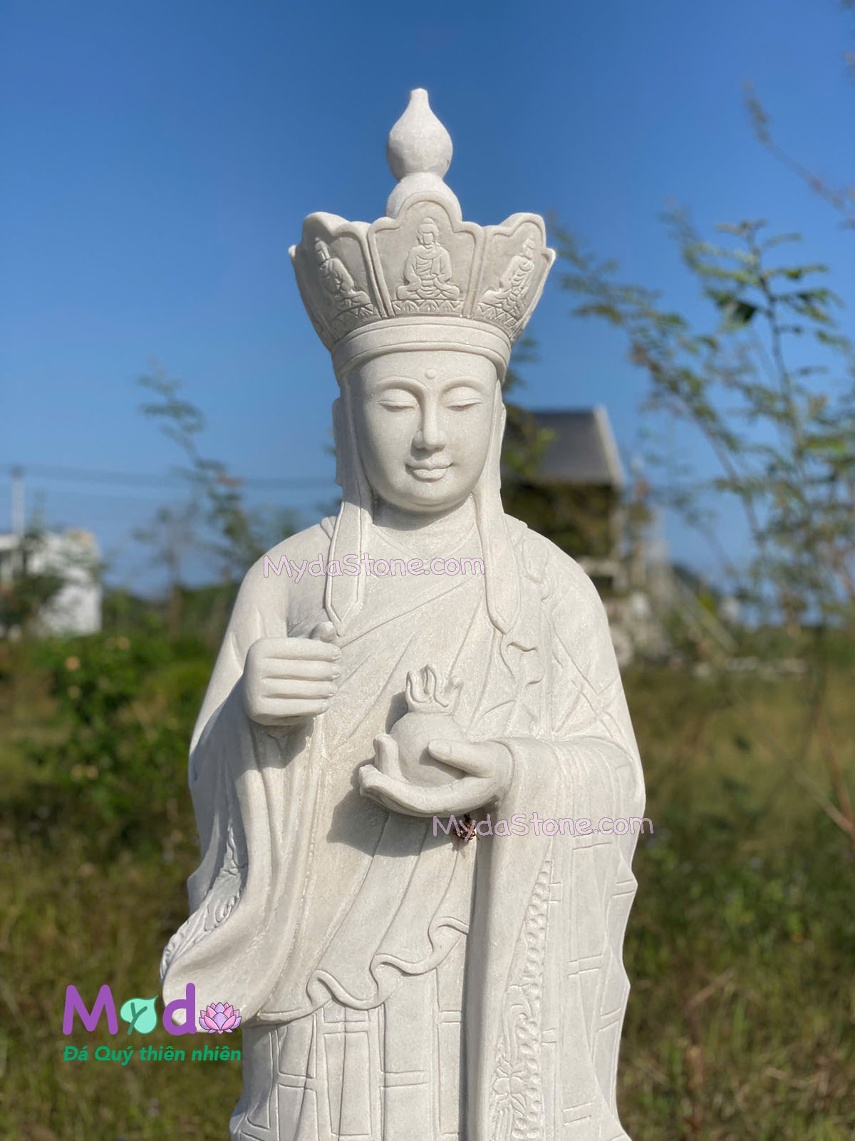 Tượng Địa Tạng đứng đài sen đá Cẩm Thạch Trắng
