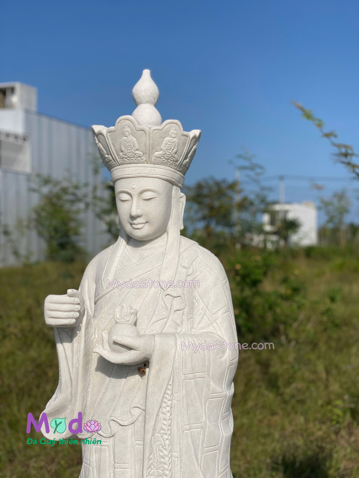 Tượng Địa Tạng đứng đài sen đá Cẩm Thạch Trắng