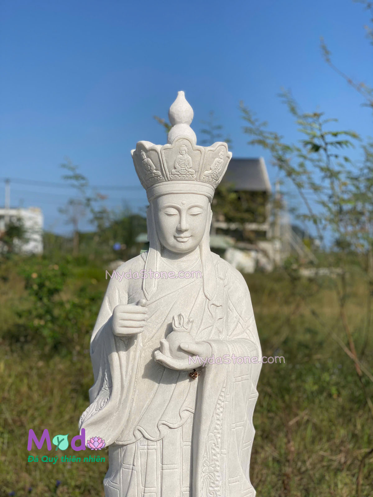 Tượng Địa Tạng đứng đài sen đá Cẩm Thạch Trắng