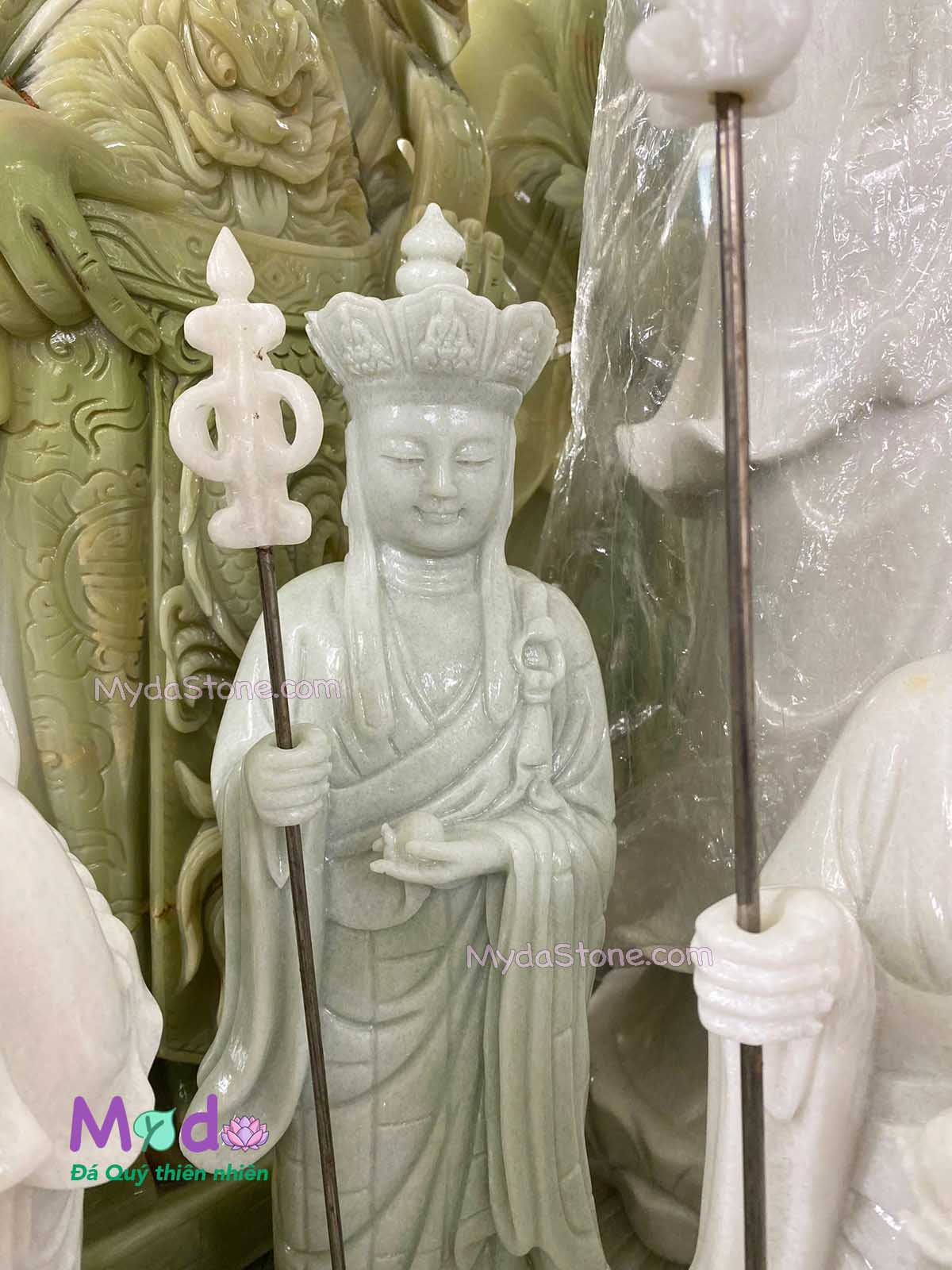 Tượng Địa Tạng đứng đài sen đá Cẩm Thạch Trắng Xanh