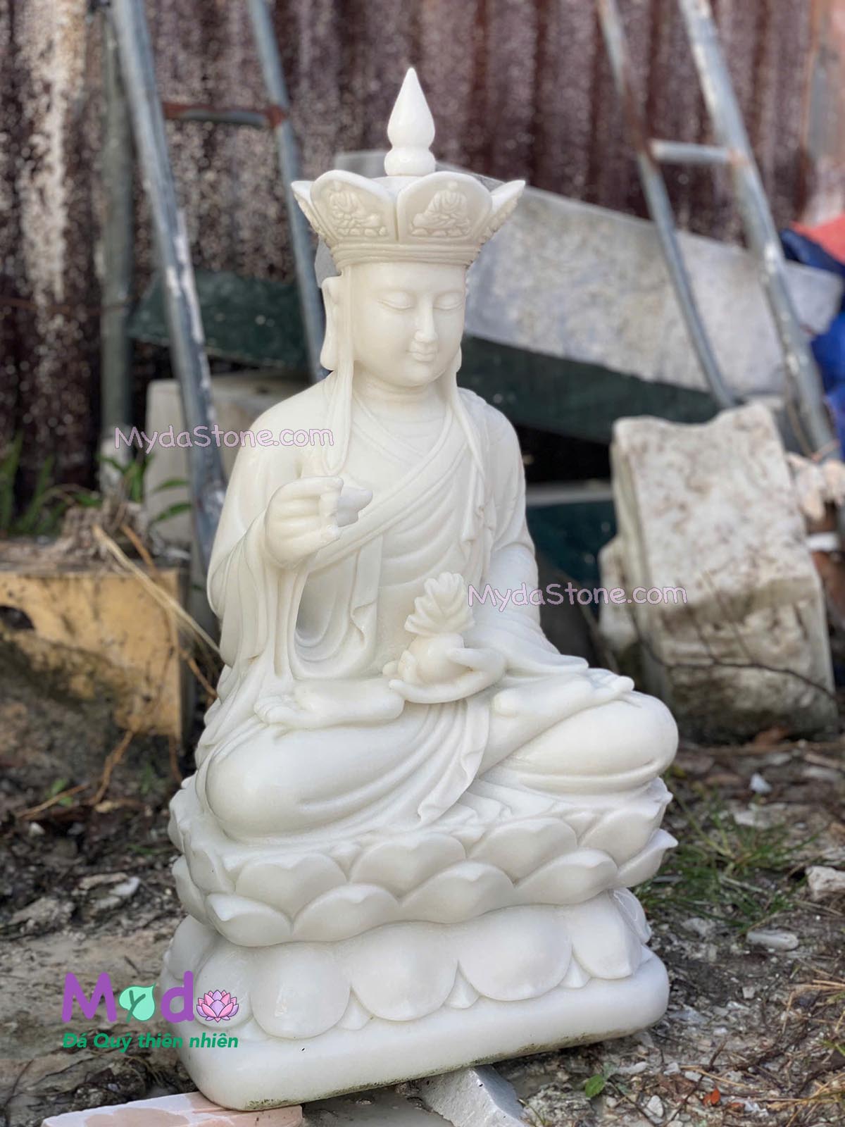 Tượng Phật Địa Tạng ngồi đài sen đá Cẩm Thạch Trắng