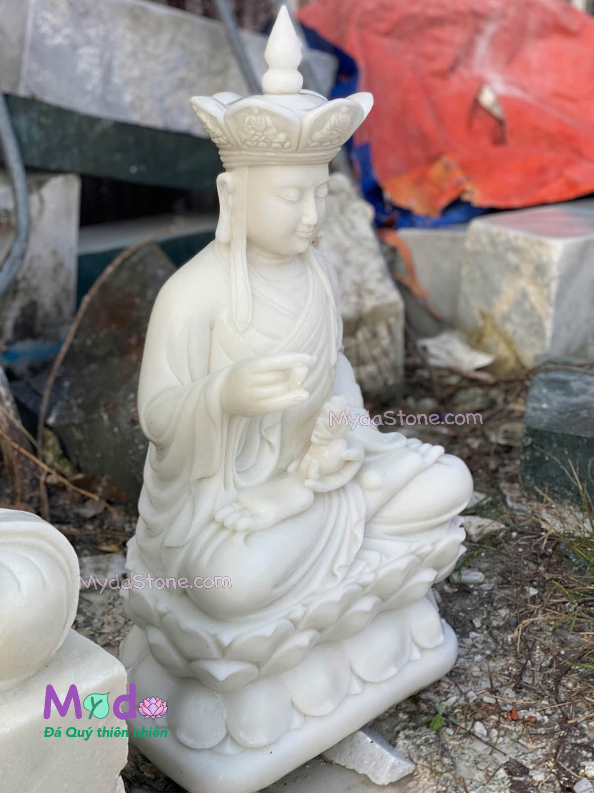 Tượng Phật Địa Tạng ngồi đài sen đá Cẩm Thạch Trắng