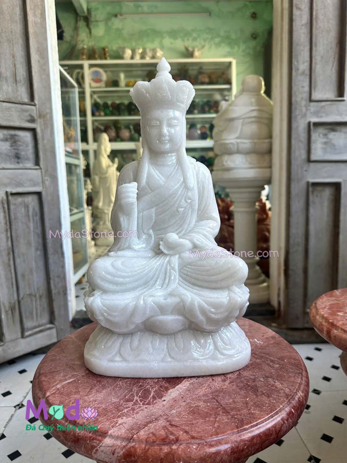 Tượng Phật Địa Tạng ngồi đài sen đá Cẩm Thạch Trắng