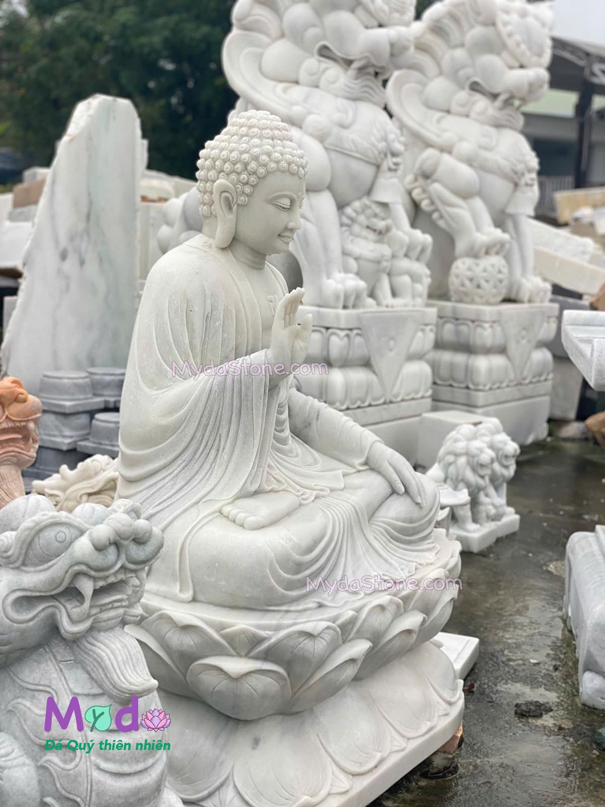 Tượng Phật Adida ngồi đài sen đá Cẩm Thạch Trắng