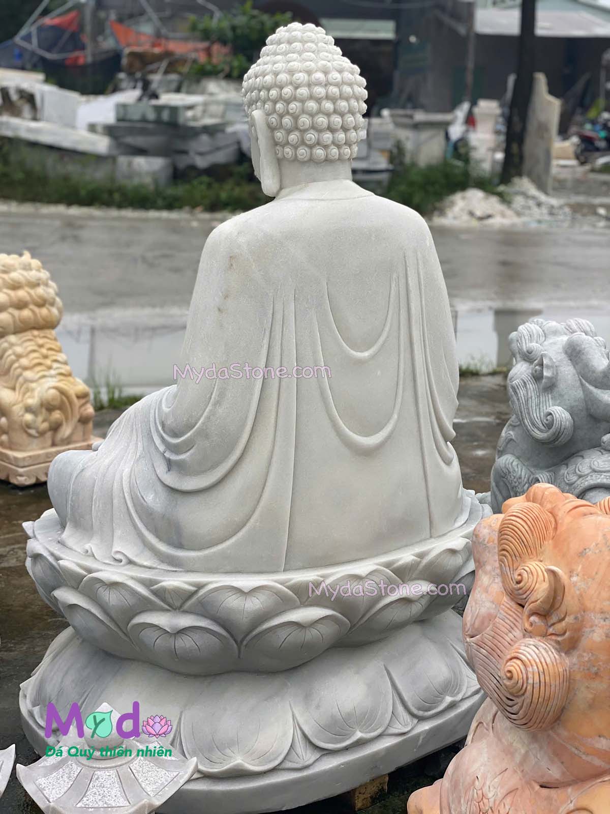 Tượng Phật Adida ngồi đài sen đá Cẩm Thạch Trắng