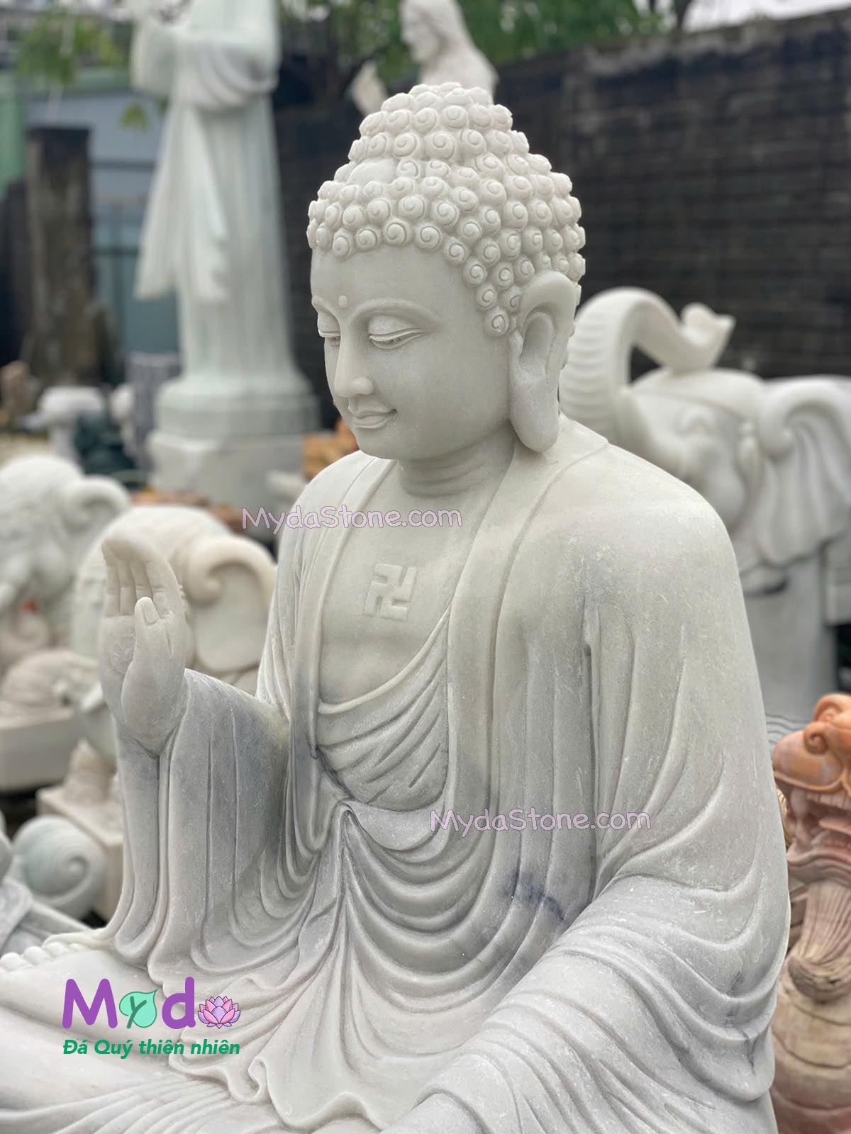 Tượng Phật Adida ngồi đài sen đá Cẩm Thạch Trắng