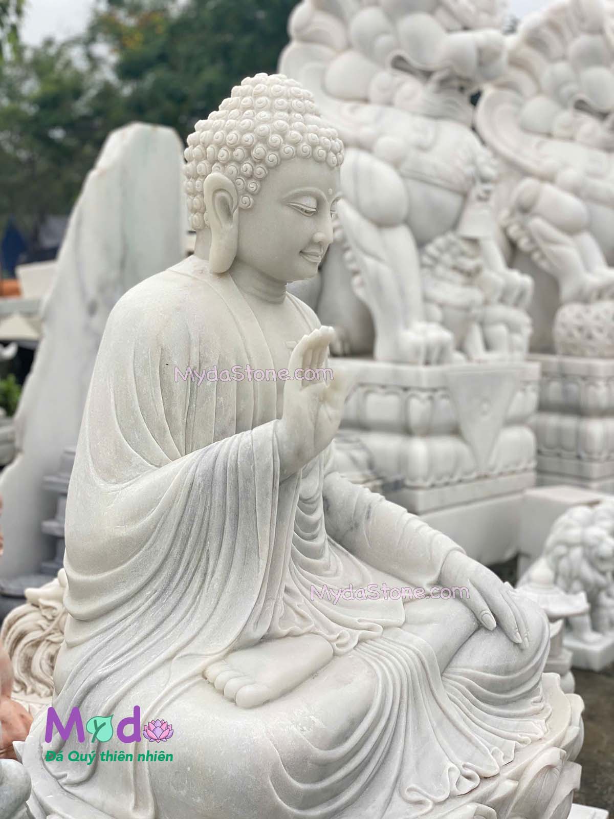 Tượng Phật Adida ngồi đài sen đá Cẩm Thạch Trắng