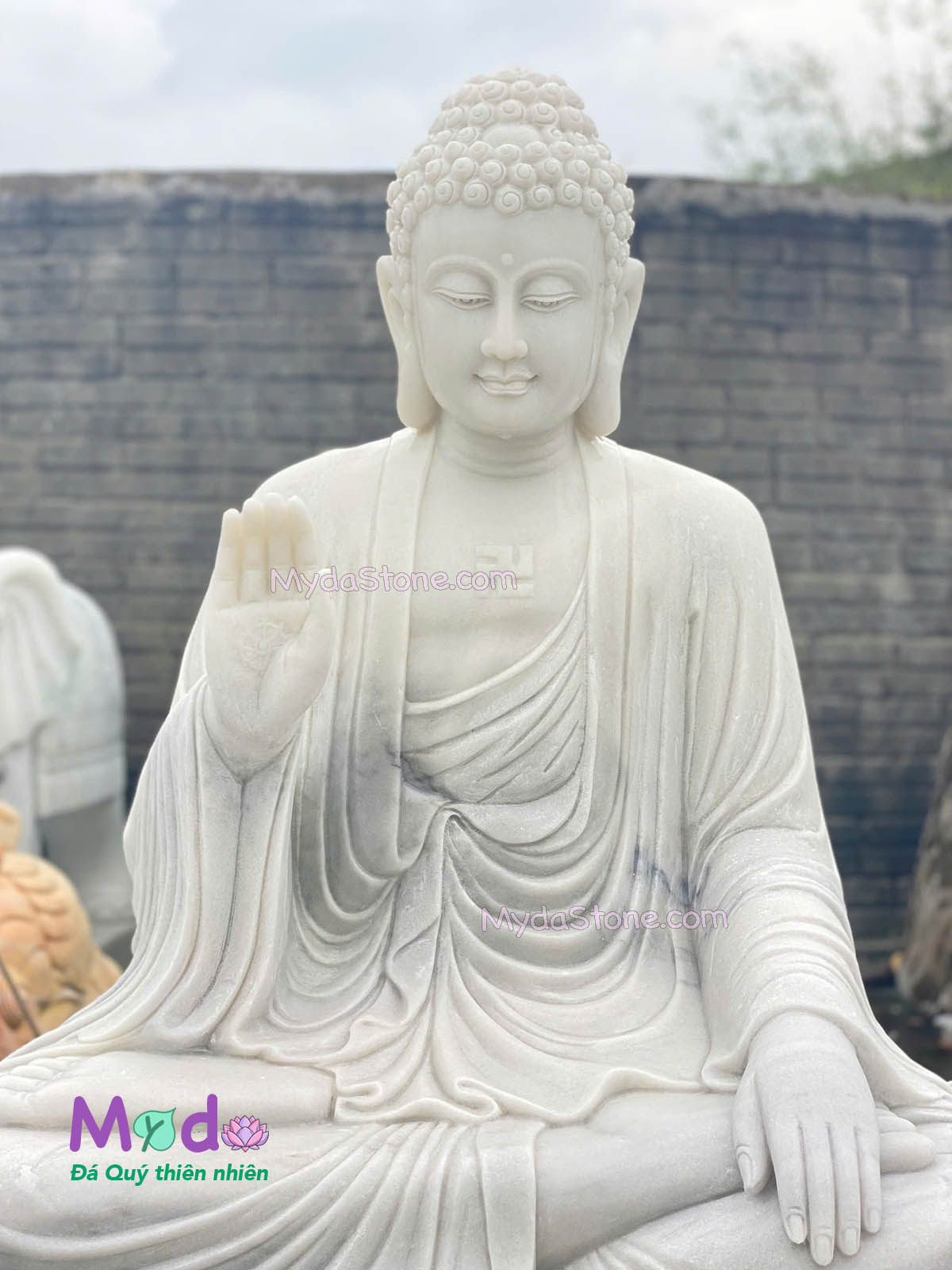 Tượng Phật Adida ngồi đài sen đá Cẩm Thạch Trắng