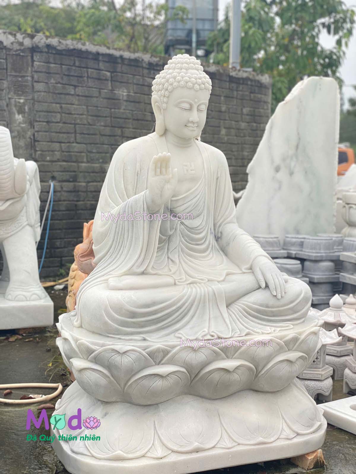 Tượng Phật Adida ngồi đài sen đá Cẩm Thạch Trắng