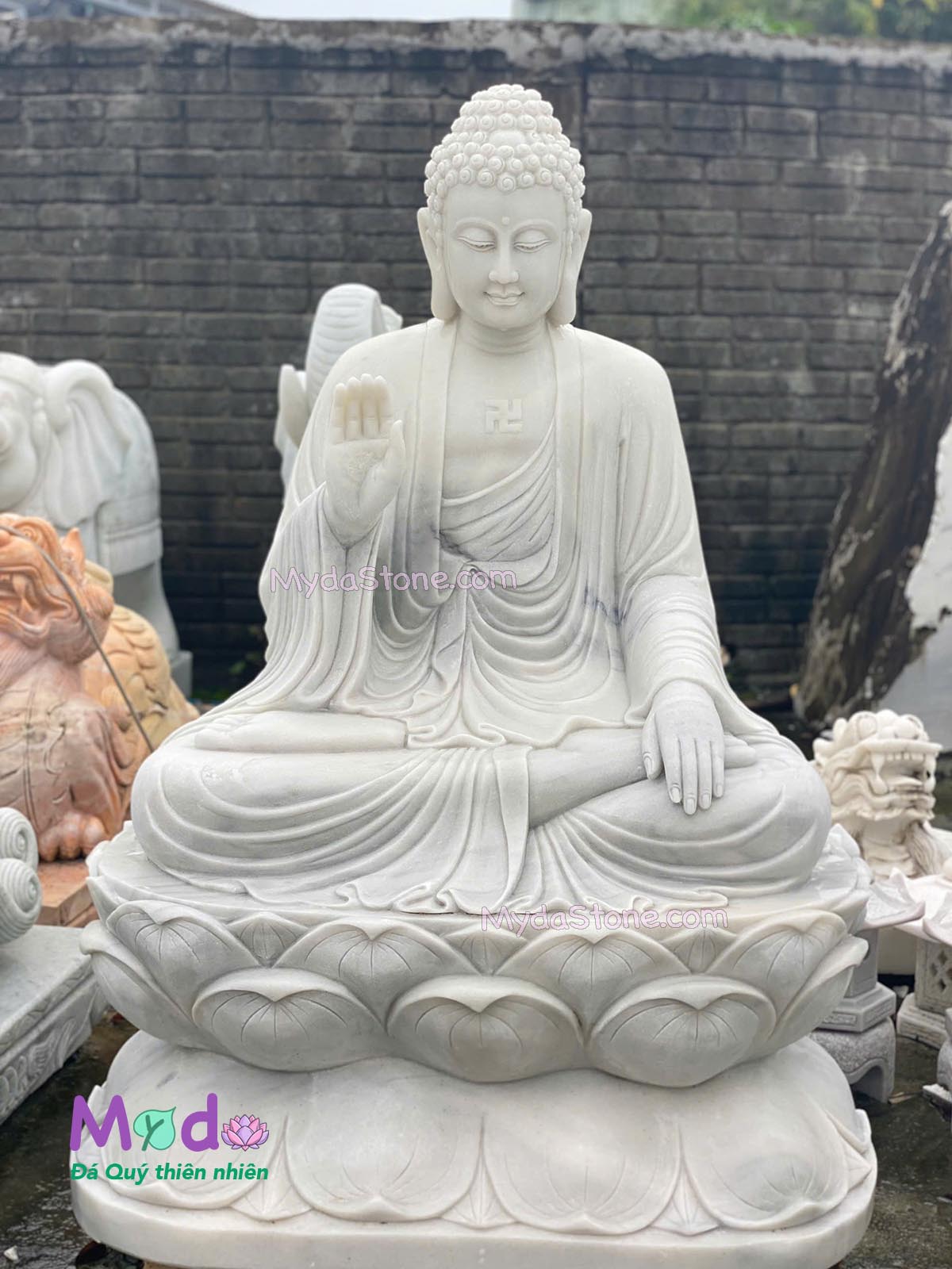 Tượng Phật Adida ngồi đài sen đá Cẩm Thạch Trắng