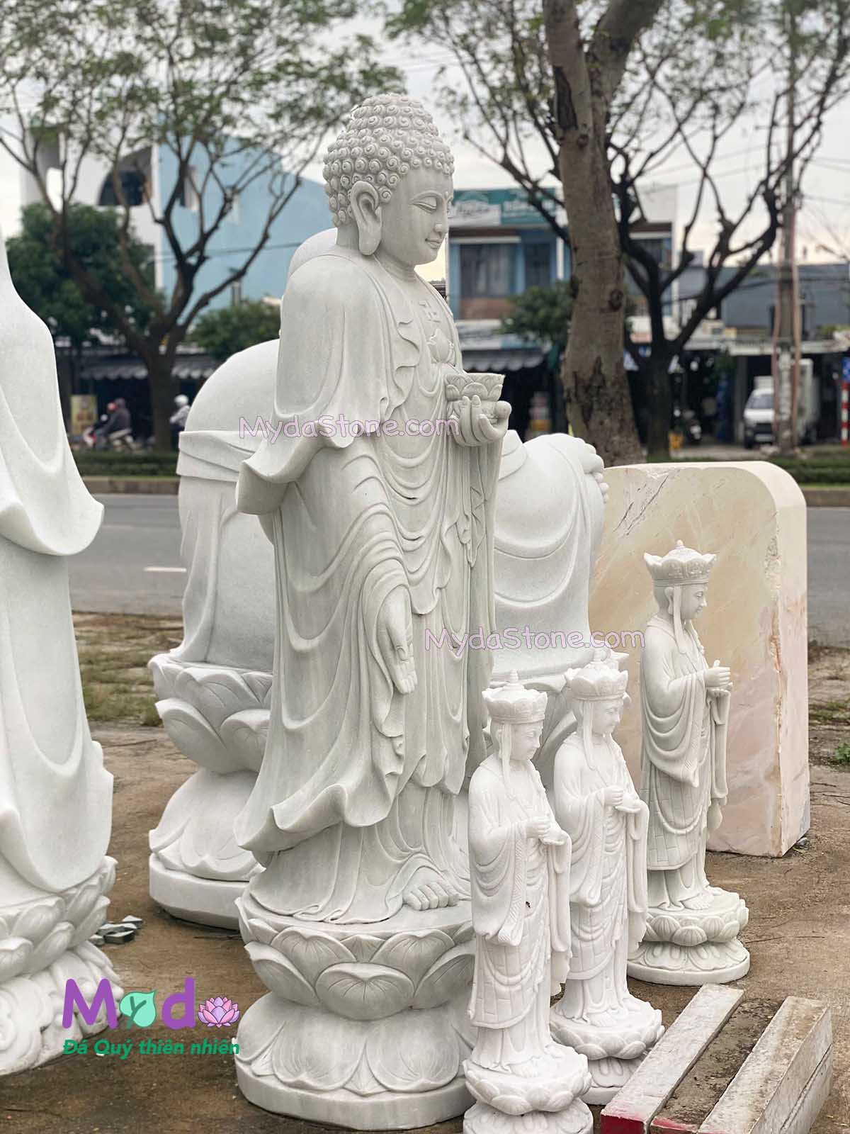 Tượng Phật Adida đứng đài sen đá Cẩm Thạch Trắng
