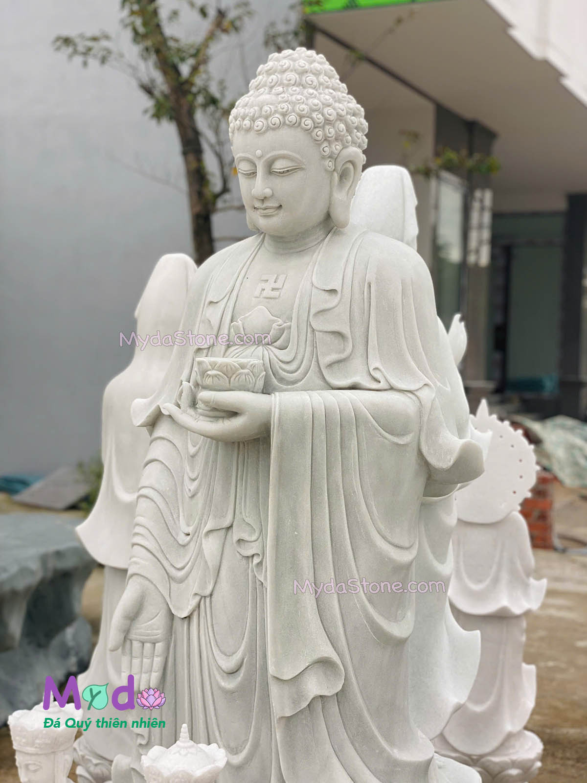 Tượng Phật Adida đứng đài sen đá Cẩm Thạch Trắng