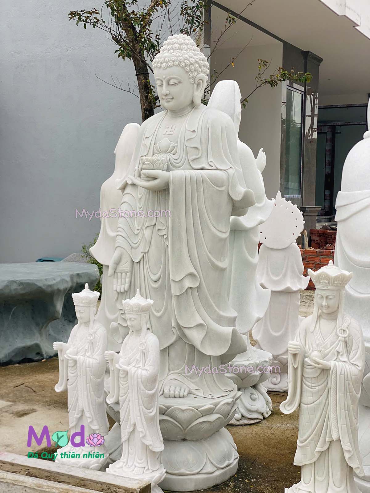 Tượng Phật Adida đứng đài sen đá Cẩm Thạch Trắng