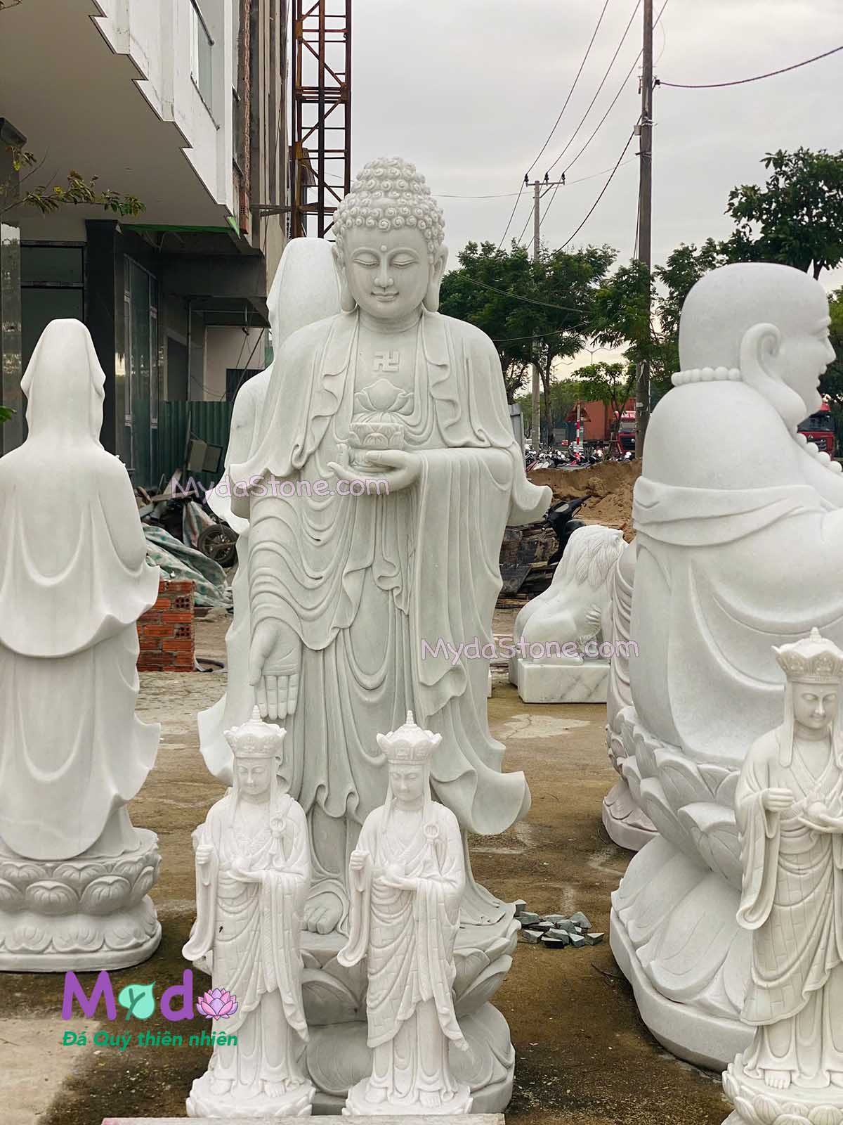 Tượng Phật Adida đứng đài sen đá Cẩm Thạch Trắng