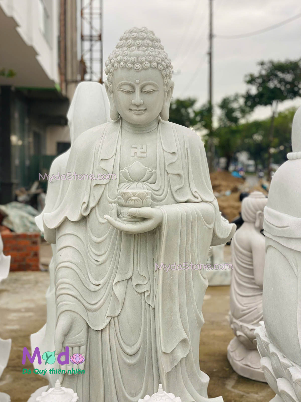 Tượng Phật Adida đứng đài sen đá Cẩm Thạch Trắng
