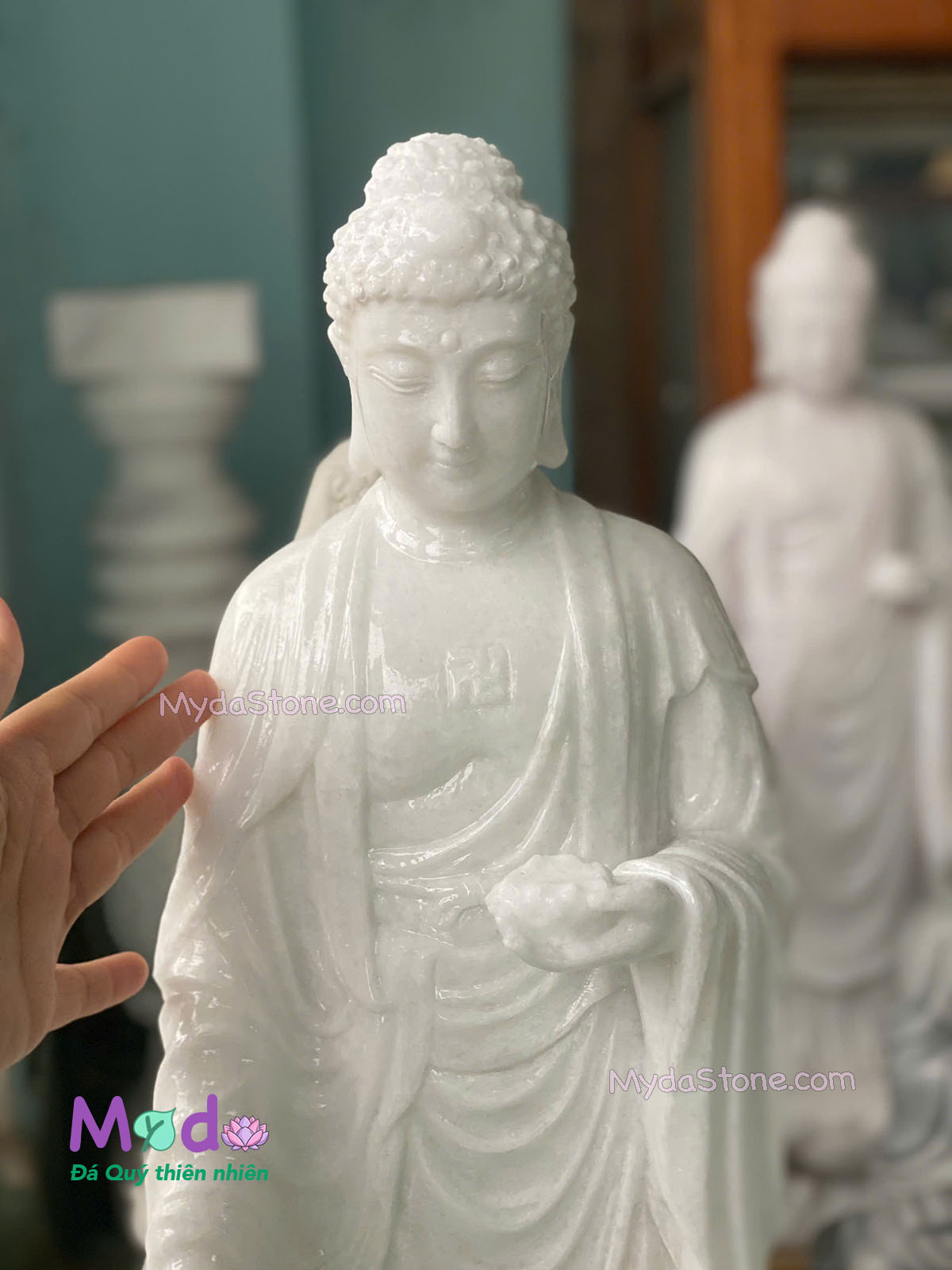Tượng Phật Adida đứng đài sen đá Cẩm Thạch Trắng