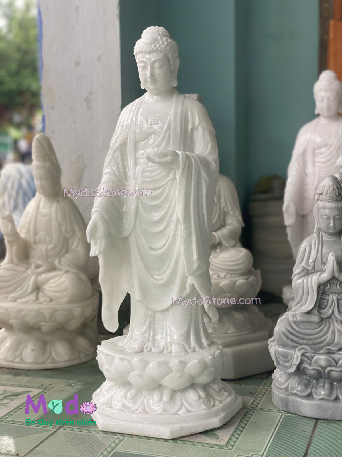 Tượng Phật Adida đứng đài sen đá Cẩm Thạch Trắng