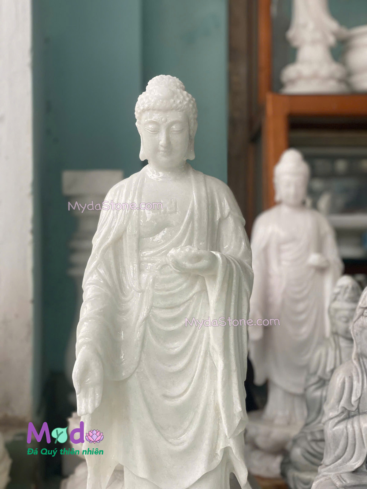 Tượng Phật Adida đứng đài sen đá Cẩm Thạch Trắng