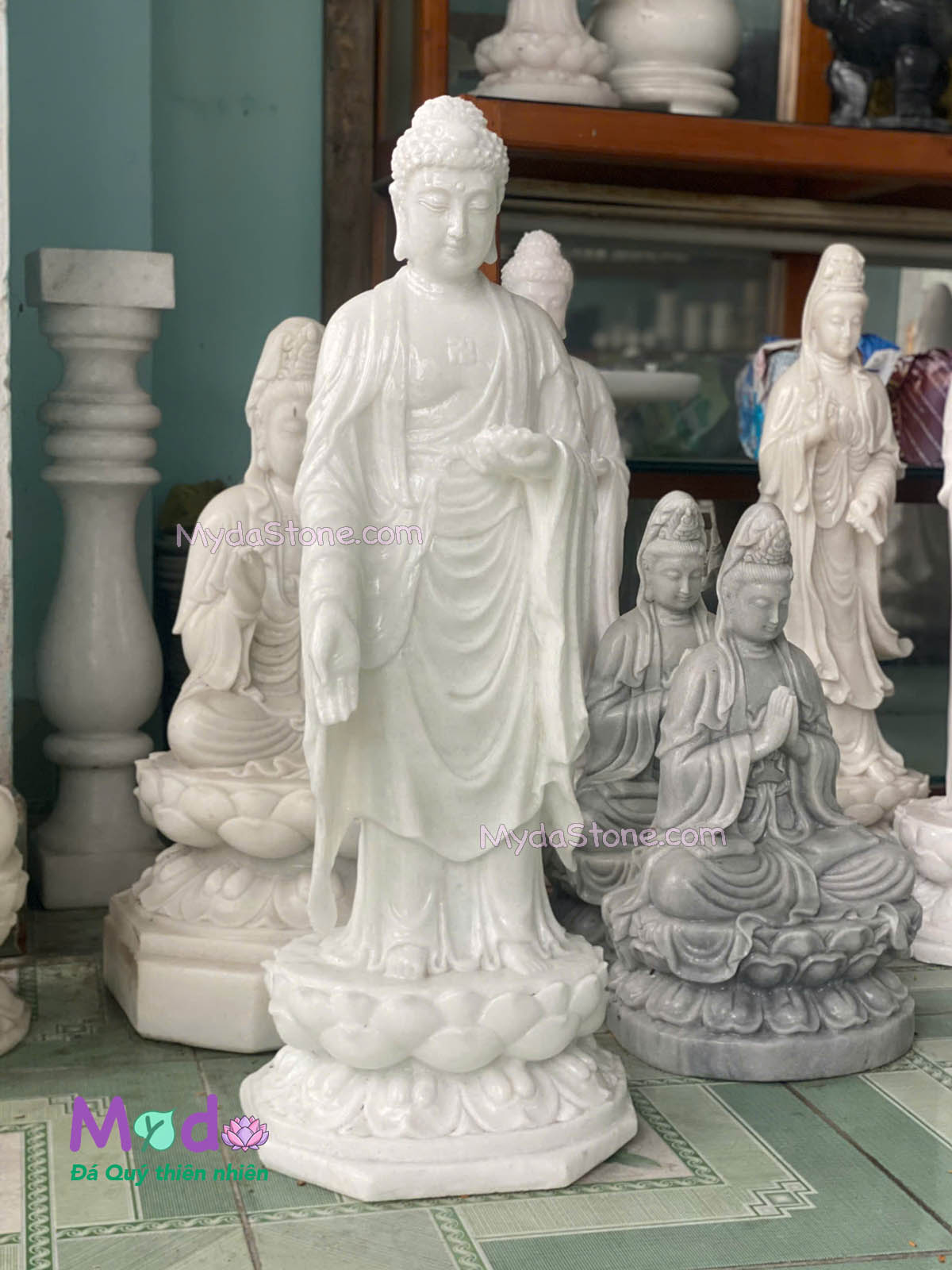 Tượng Phật Adida đứng đài sen đá Cẩm Thạch Trắng