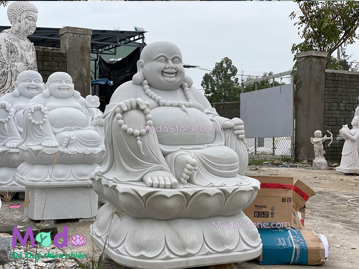 Tượng Phật Di Lặc ngồi đá Cẩm Thạch Trắng Xám