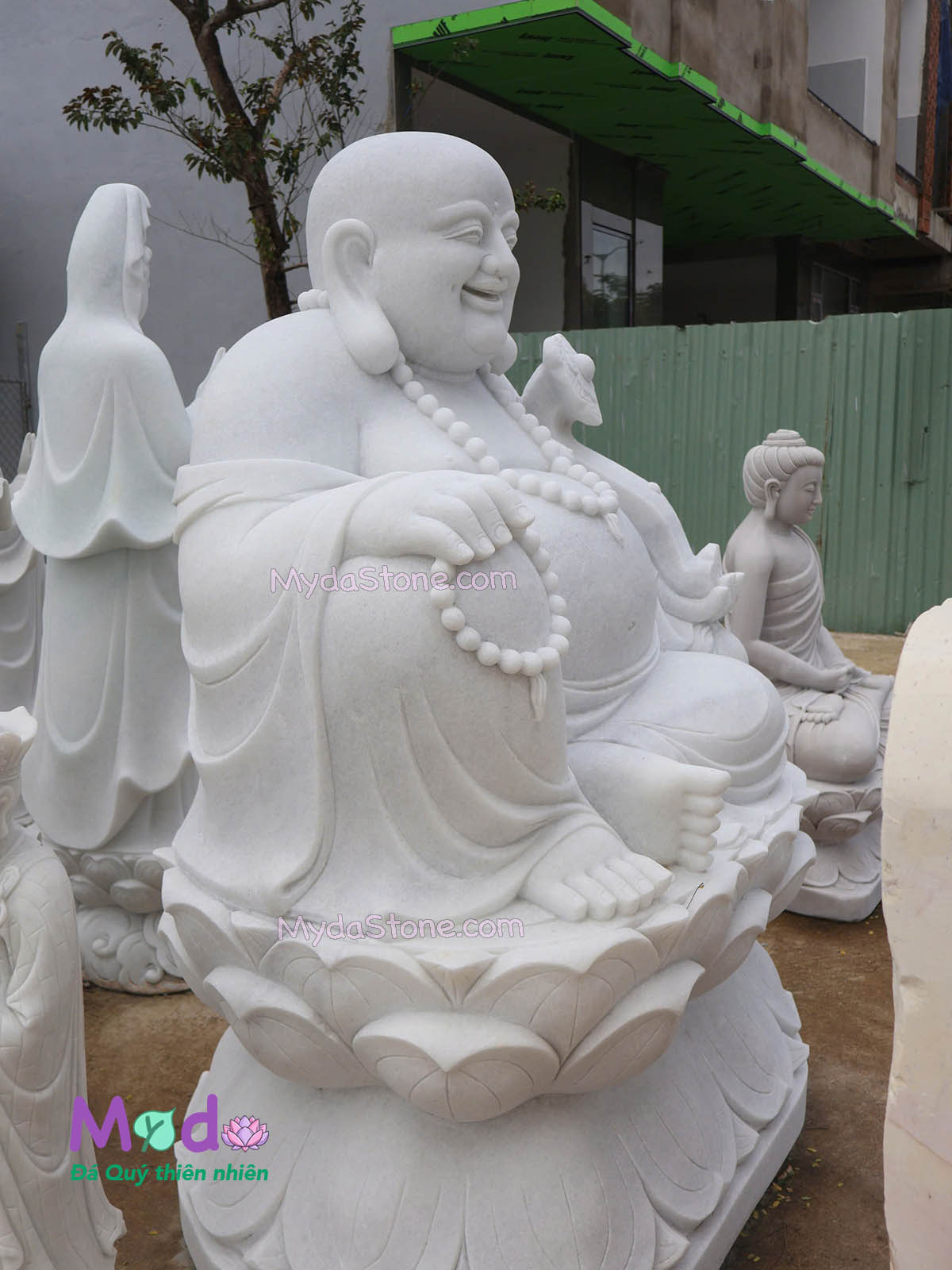 Tượng Phật Di Lặc ngồi đài sen đá Cẩm Thạch Trắng