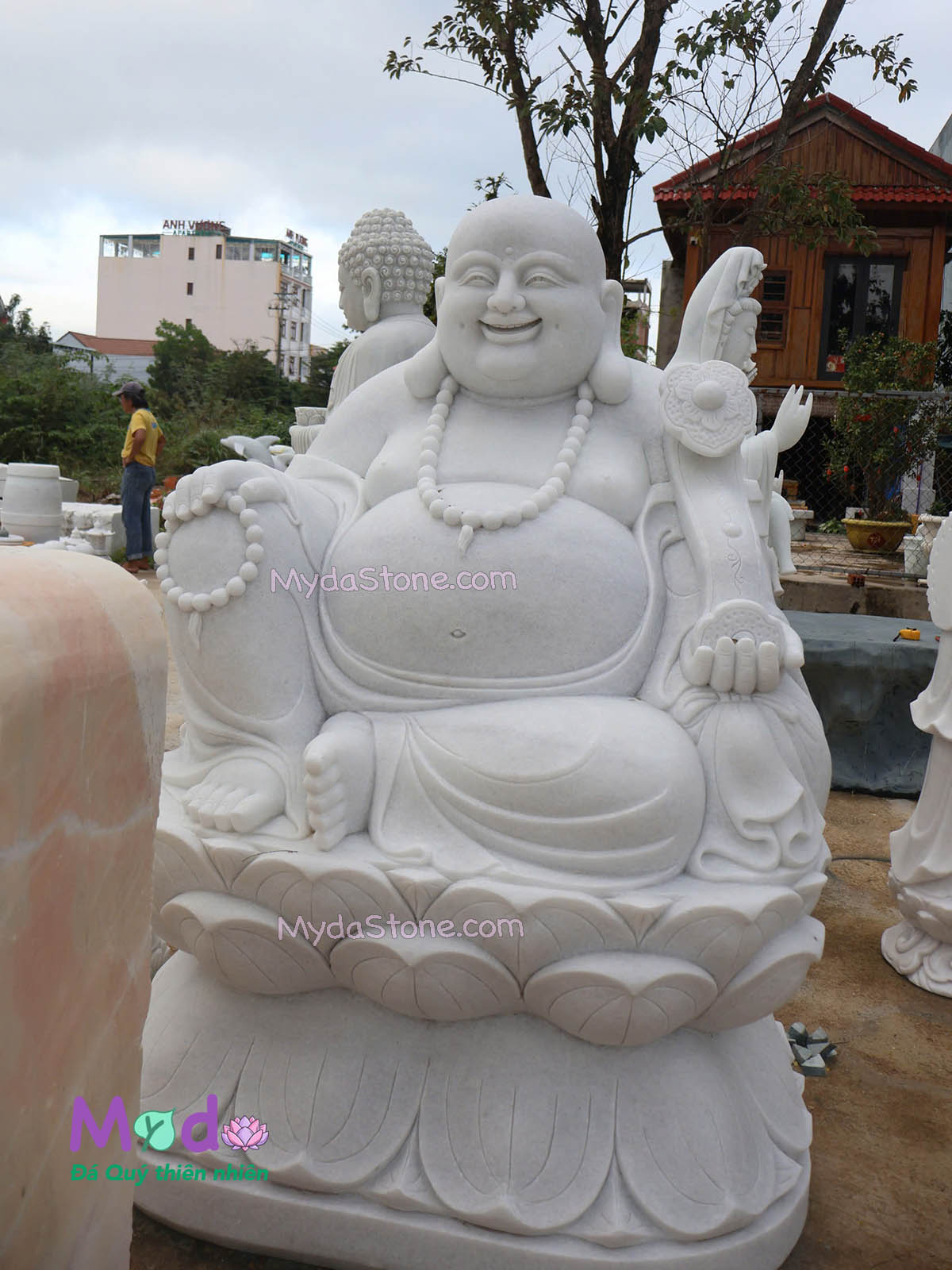 Tượng Phật Di Lặc ngồi đài sen đá Cẩm Thạch Trắng