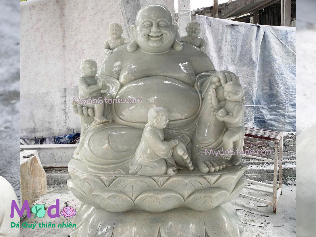 Tượng Phật Di Lặc ngũ phúc đá Cẩm Thạch Trắng Xám