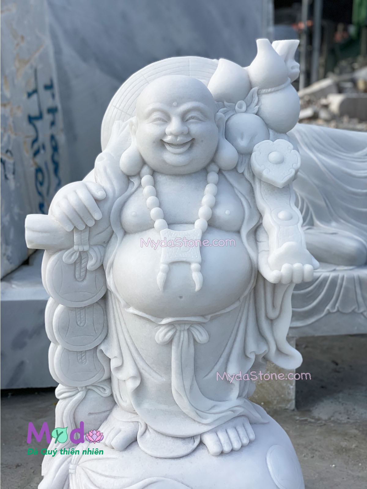 Tượng Phật Di Lặc vác cành đào đá Cẩm Thạch Trắng