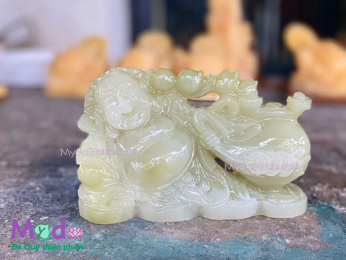 Tượng Phật Di Lặc kéo bao tiền đá Ngọc Xanh Pakistan