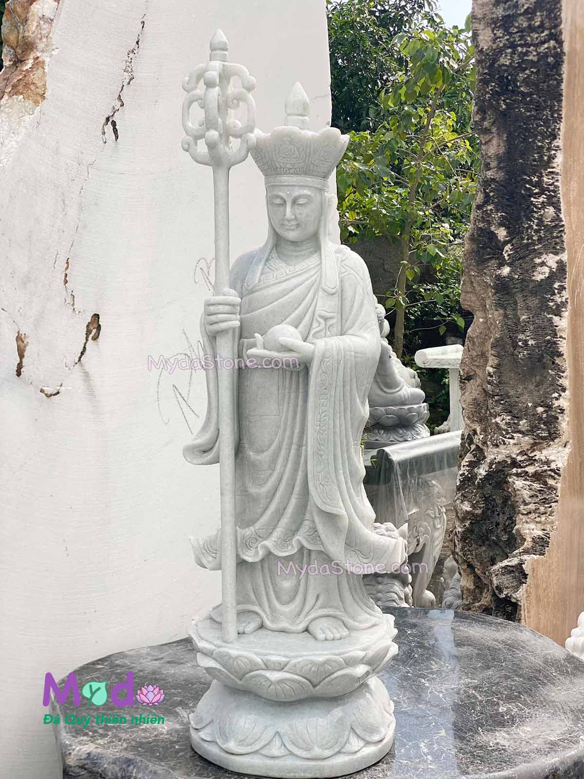 Tượng Phật Địa Tạng đứng đài sen đá Cẩm Thạch Trắng Xanh
