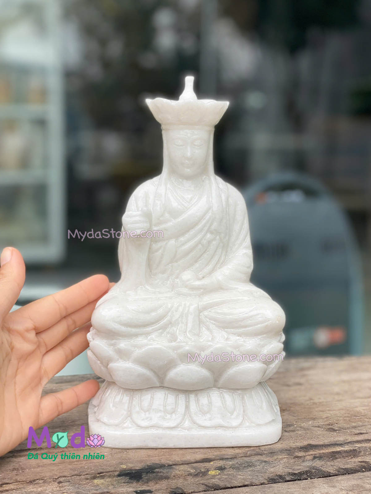 Tượng Phật Địa Tạng ngồi đài sen đá Cẩm Thạch Trắng