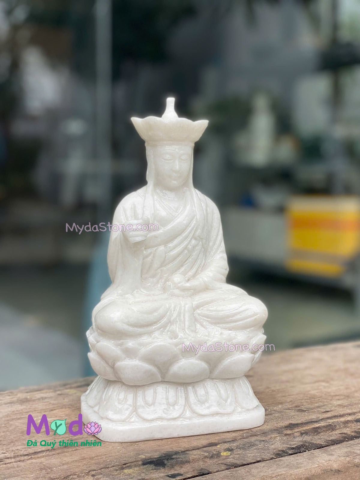 Tượng Phật Địa Tạng ngồi đài sen đá Cẩm Thạch Trắng
