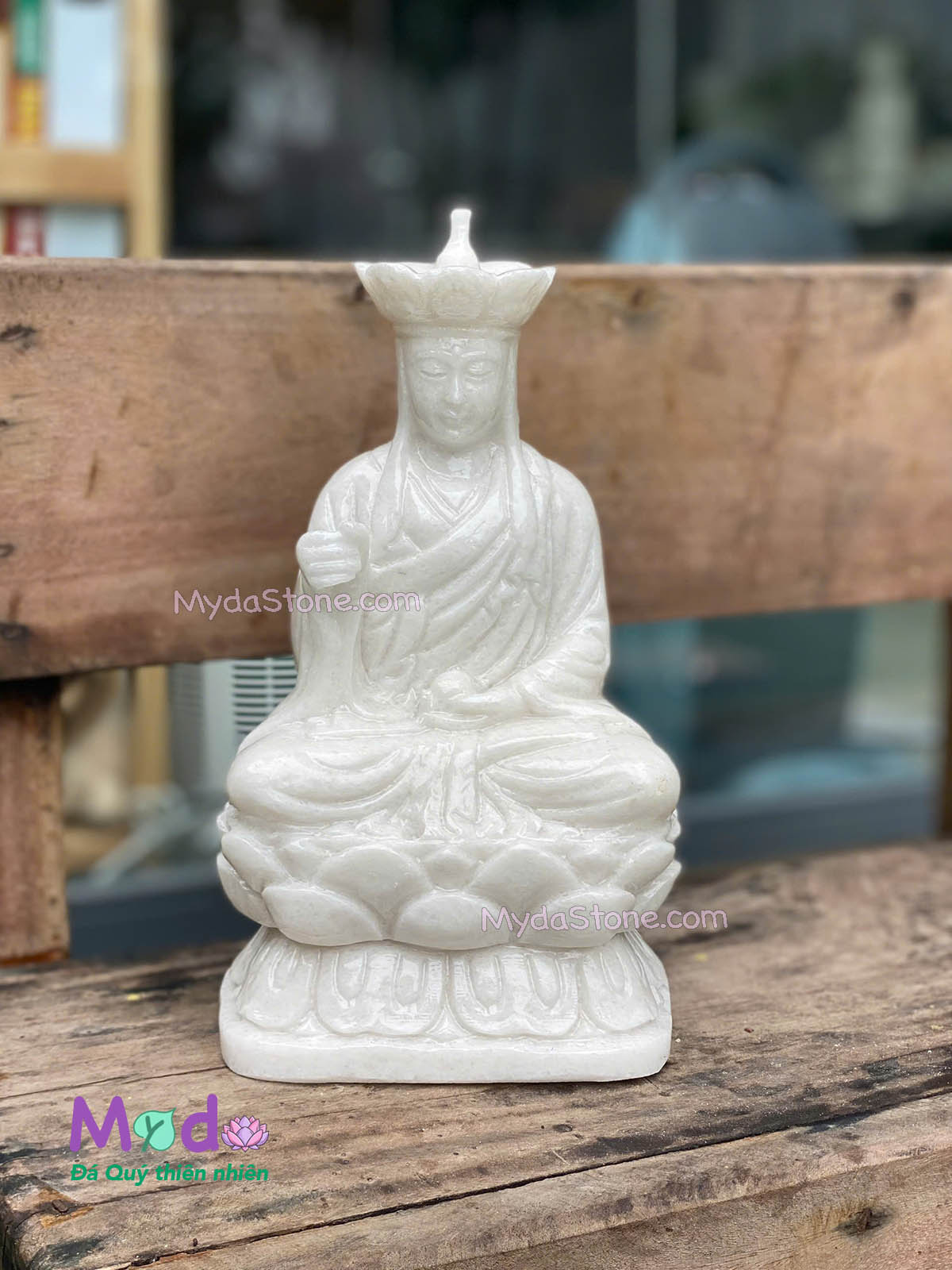 Tượng Phật Địa Tạng ngồi đài sen đá Cẩm Thạch Trắng