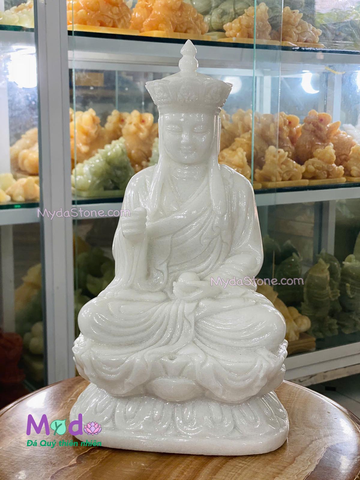 Tượng Phật Địa Tạng ngồi đài sen đá Cẩm Thạch Trắng