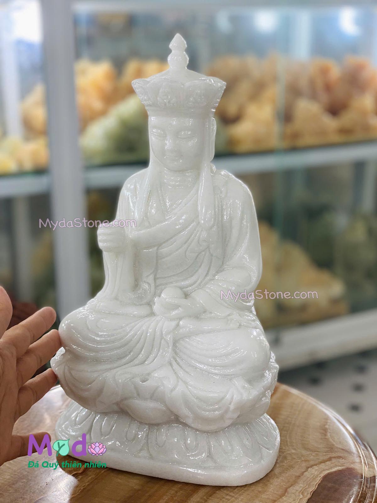 Tượng Phật Địa Tạng ngồi đài sen đá Cẩm Thạch Trắng