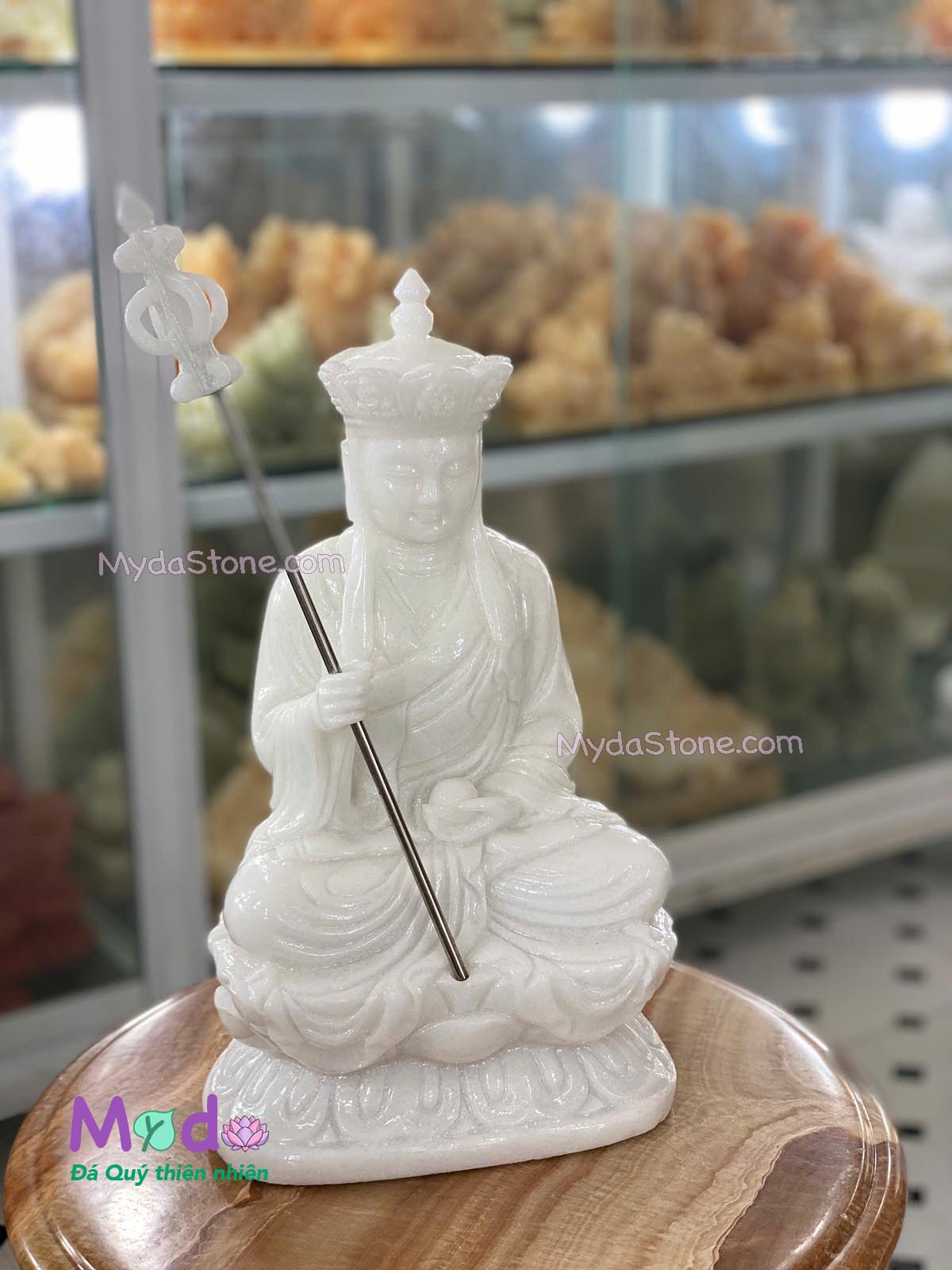 Tượng Phật Địa Tạng ngồi đài sen đá Cẩm Thạch Trắng